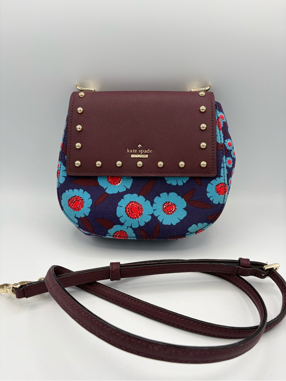 Kate Spade Purse Floral Canvas Crossbody Burgundy Blue Casual Kawaii Fall Boho
